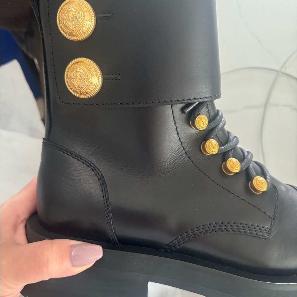 Original Balmain black Leather Ankle Boots with Gold Accents - Picture 5 of 10